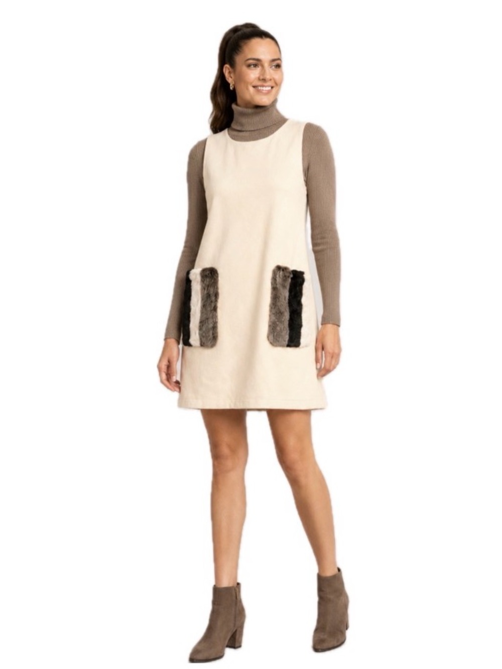 Mulla, Cream Sleeveless Faux Fur Pocket Shift Dress Size S NWT